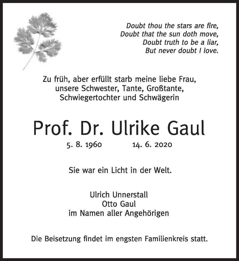 Traueranzeige für Ulrike Gaul vom 04.07.2020 aus Süddeutsche Zeitung