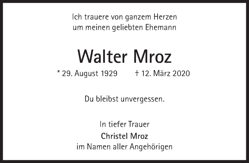  Traueranzeige für Walter Mroz vom 18.07.2020 aus Süddeutsche Zeitung