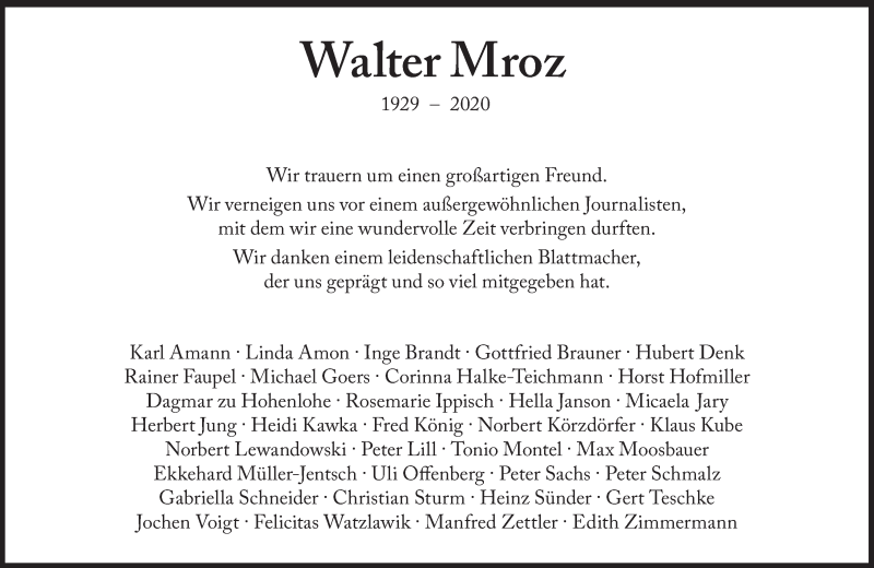  Traueranzeige für Walter Mroz vom 18.07.2020 aus Süddeutsche Zeitung