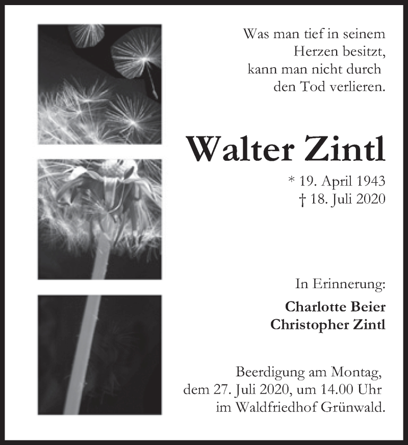  Traueranzeige für Walter Zintl vom 23.07.2020 aus Süddeutsche Zeitung