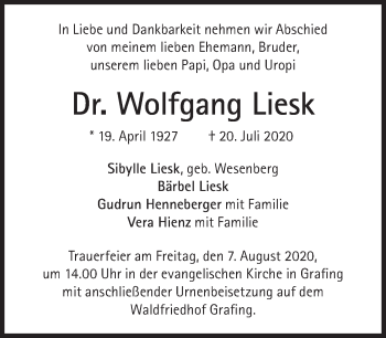 Traueranzeige von Wolfgang Liesk von Süddeutsche Zeitung