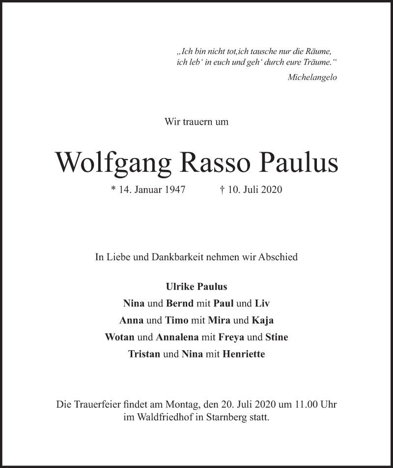  Traueranzeige für Wolfgang Rasso Paulus vom 15.07.2020 aus Süddeutsche Zeitung