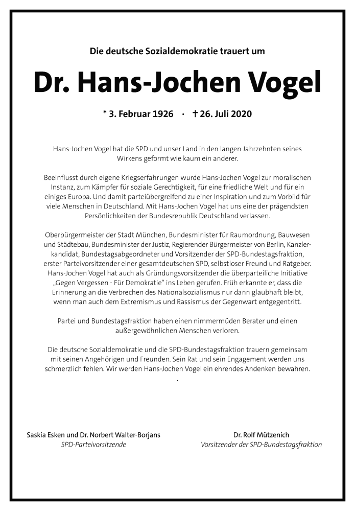  Traueranzeige für Hans-Jochen Vogel vom 01.08.2020 aus Süddeutsche Zeitung 
