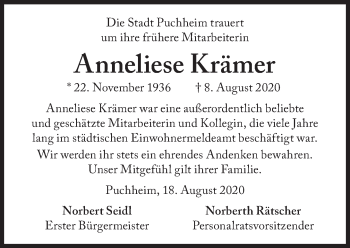 Traueranzeige von Anneliese Krämer von Süddeutsche Zeitung