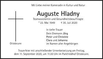 Traueranzeige von Auguste Hladny von Süddeutsche Zeitung