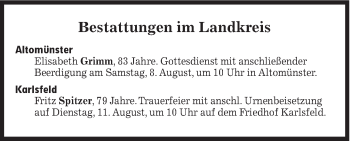 Traueranzeige von Bestattungen vom 08.08.2020 von Süddeutsche Zeitung