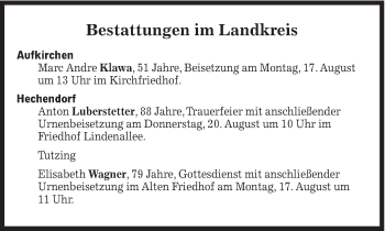 Traueranzeige von Bestattungen vom 17.08.2020 von Süddeutsche Zeitung