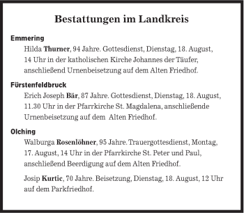 Traueranzeige von Bestattungen vom 17.08.2020 von Süddeutsche Zeitung