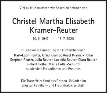 Traueranzeige von Christel Martha Elisabeth Kramer-Reuter von Süddeutsche Zeitung