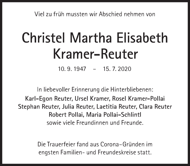  Traueranzeige für Christel Martha Elisabeth Kramer-Reuter vom 01.08.2020 aus Süddeutsche Zeitung