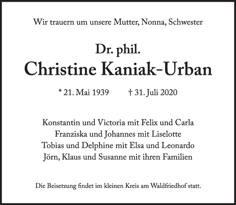  Traueranzeige für Christine Kaniak-Urban vom 08.08.2020 aus Süddeutsche Zeitung