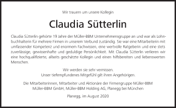Traueranzeige von Claudia Sütterlin von Süddeutsche Zeitung