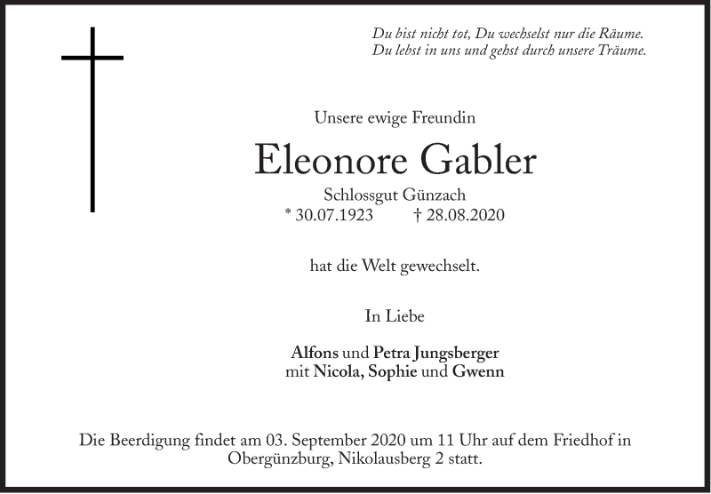  Traueranzeige für Eleonore Gabler vom 01.09.2020 aus Süddeutsche Zeitung