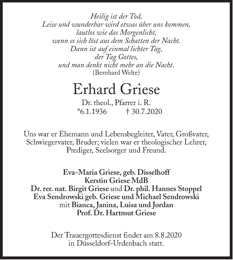  Traueranzeige für Erhard Griese vom 08.08.2020 aus Süddeutsche Zeitung