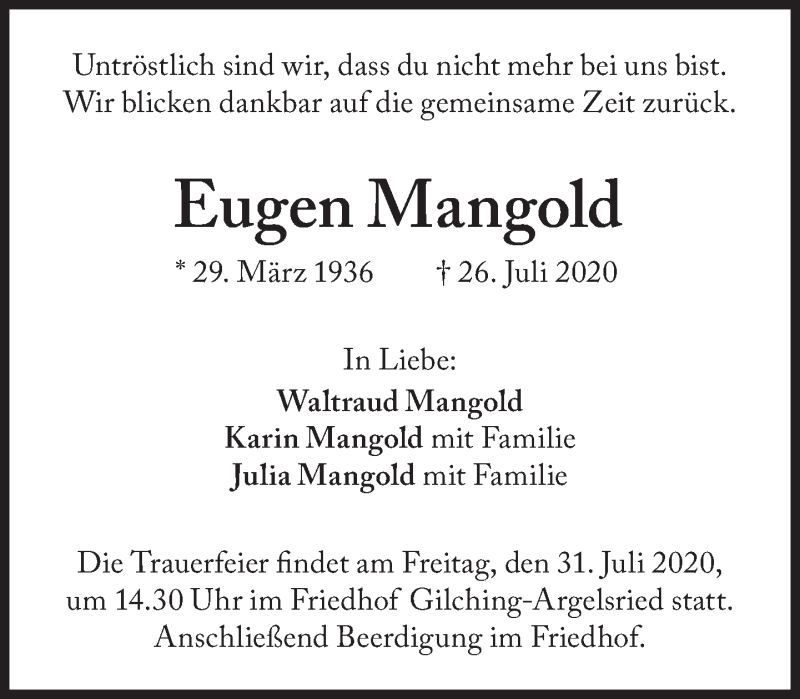  Traueranzeige für Eugen Mangold vom 29.07.2020 aus Süddeutsche Zeitung