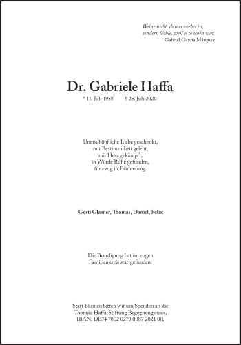 Traueranzeige von Gabriele Haffa von Süddeutsche Zeitung