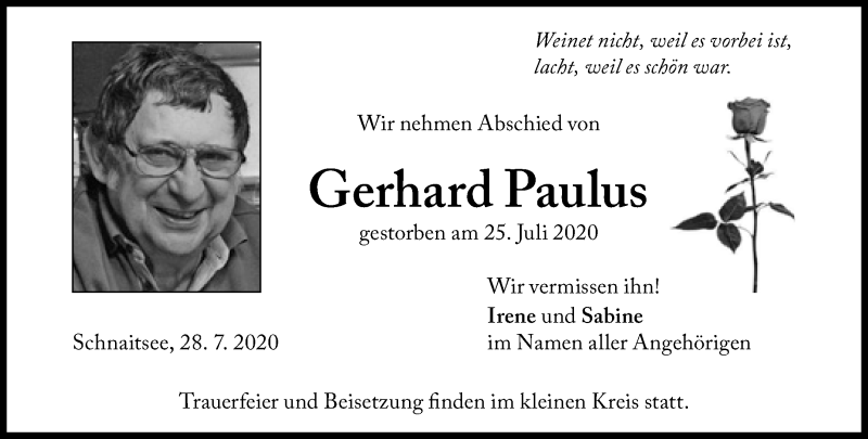  Traueranzeige für Gerhard Paulus vom 28.07.2020 aus Süddeutsche Zeitung