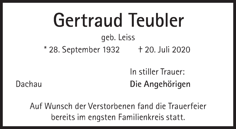  Traueranzeige für Gertraud Teubler vom 01.08.2020 aus Süddeutsche Zeitung