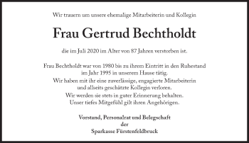 Traueranzeige von Gertrud Bechtholdt von Süddeutsche Zeitung