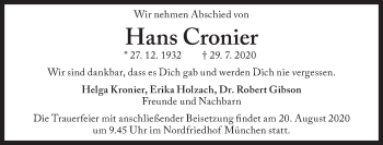 Traueranzeige von Hans Cronier von Süddeutsche Zeitung