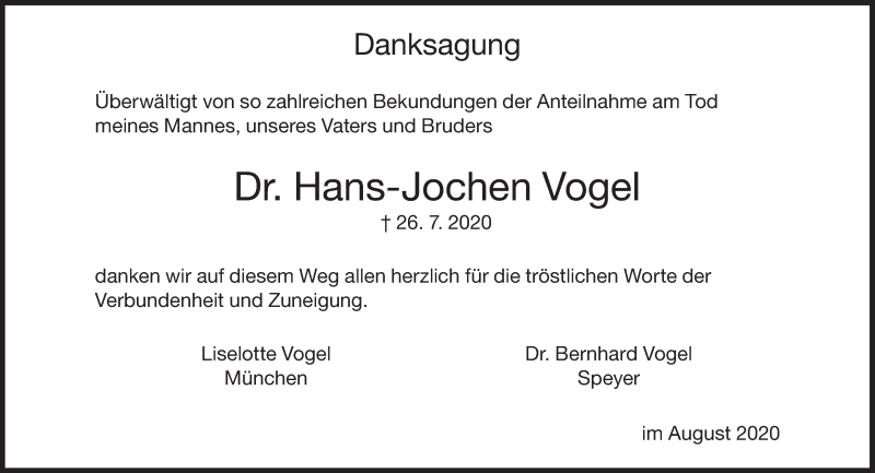  Traueranzeige für Hans-Jochen Vogel vom 29.08.2020 aus Süddeutsche Zeitung