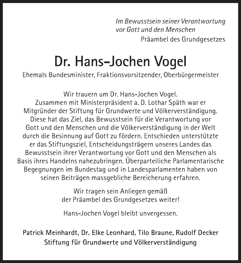  Traueranzeige für Hans-Jochen Vogel vom 01.08.2020 aus Süddeutsche Zeitung