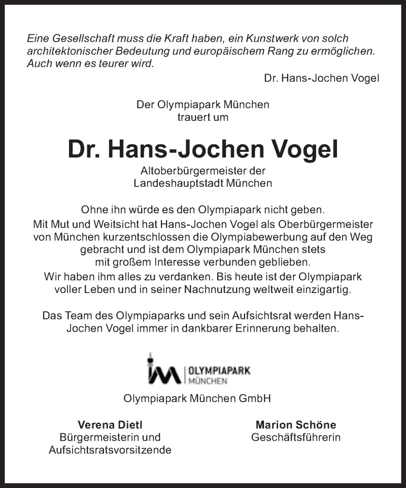  Traueranzeige für Hans-Jochen Vogel vom 31.07.2020 aus Süddeutsche Zeitung