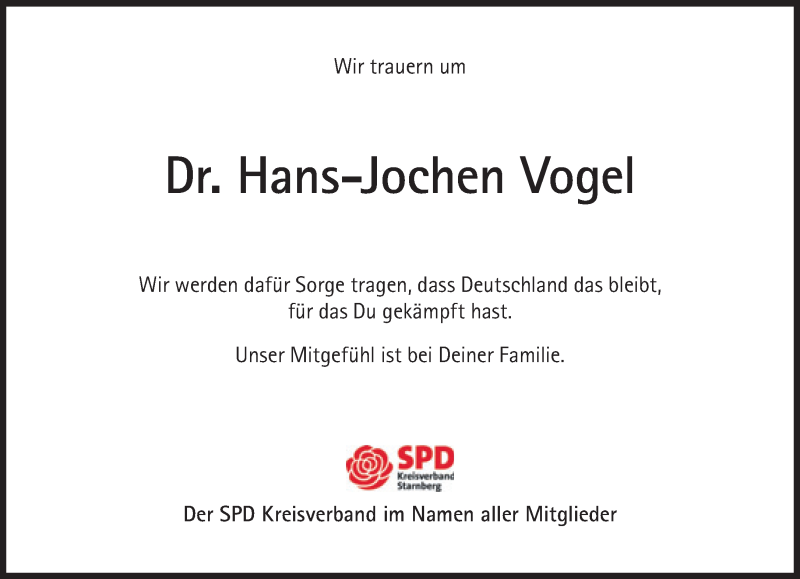  Traueranzeige für Hans-Jochen Vogel vom 08.08.2020 aus Süddeutsche Zeitung