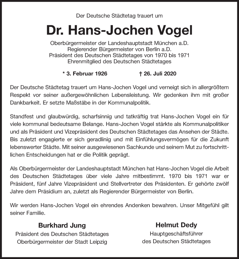  Traueranzeige für Hans-Jochen Vogel vom 01.08.2020 aus Süddeutsche Zeitung