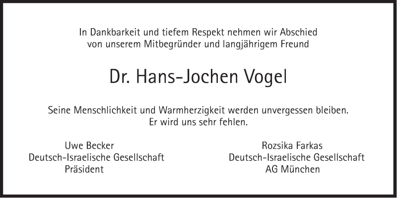  Traueranzeige für Hans-Jochen Vogel vom 08.08.2020 aus Süddeutsche Zeitung
