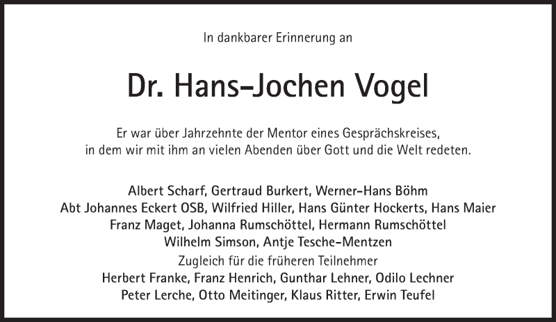  Traueranzeige für Hans-Jochen Vogel vom 29.07.2020 aus Süddeutsche Zeitung