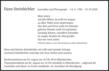 Traueranzeige von Hans Steinbichler von Süddeutsche Zeitung