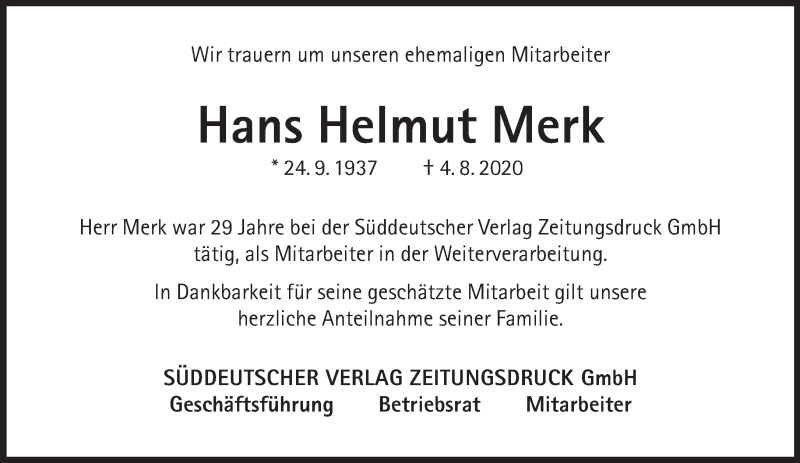  Traueranzeige für Helmut Merk vom 08.08.2020 aus Süddeutsche Zeitung