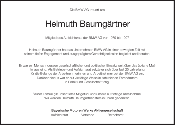 Traueranzeige von Helmuth Baumgärtner von Süddeutsche Zeitung