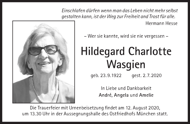  Traueranzeige für Hildegard Charlotte Wasgien vom 01.08.2020 aus SZ Trauer