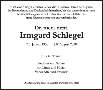 Traueranzeige von Irmgard Schlegel von Süddeutsche Zeitung