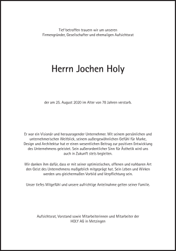 Traueranzeige von Jochen Bernd Holy von Süddeutsche Zeitung