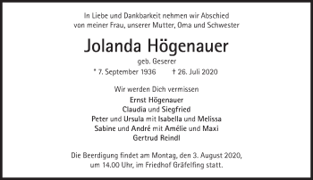 Traueranzeige von Jolanda Högenauer von Süddeutsche Zeitung