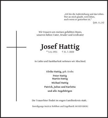 Traueranzeige von Josef Hattig von Süddeutsche Zeitung