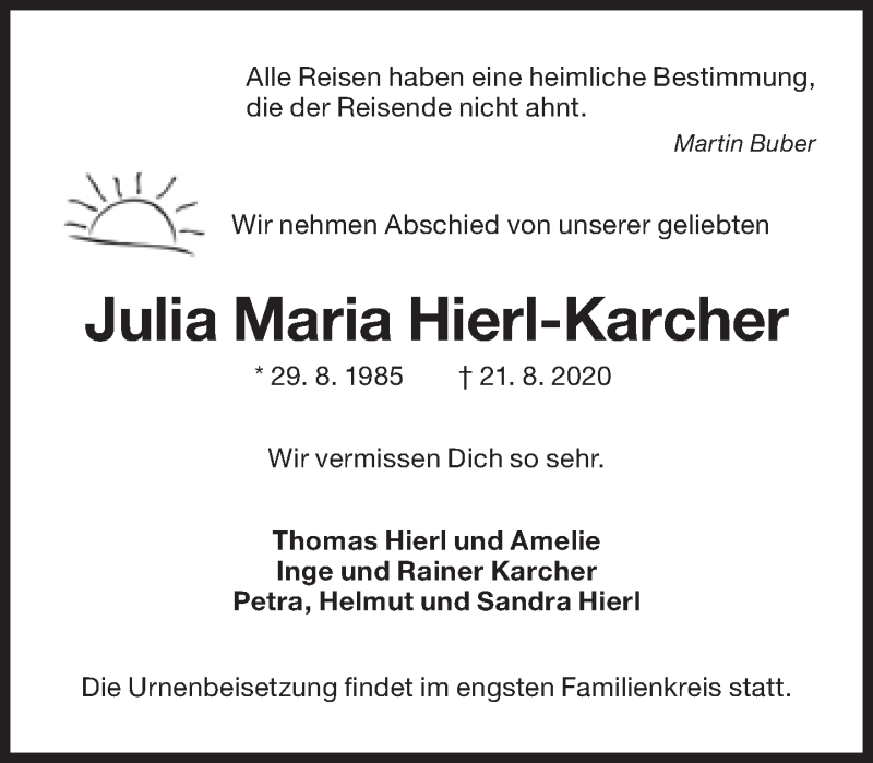  Traueranzeige für Julia Maria Hierl-Karcher vom 28.08.2020 aus Süddeutsche Zeitung