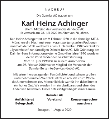 Traueranzeige von Karl Heinz Achinger von Süddeutsche Zeitung