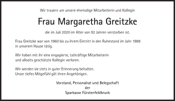 Traueranzeige von Margaretha Greitzke von Süddeutsche Zeitung