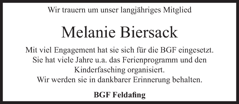 Traueranzeige für Melanie Biersack vom 20.08.2020 aus Süddeutsche Zeitung