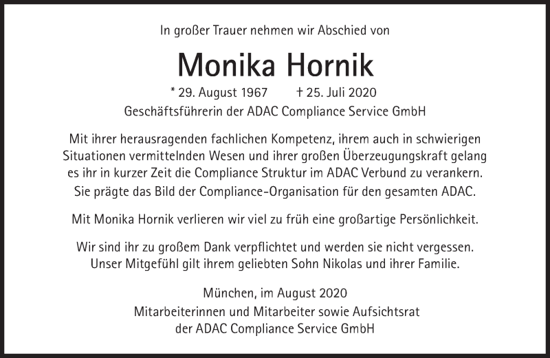  Traueranzeige für Monika Hornik vom 08.08.2020 aus Süddeutsche Zeitung