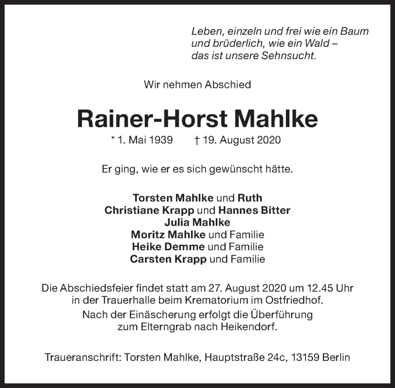  Traueranzeige für Rainer-Horst Mahlke vom 26.08.2020 aus Süddeutsche Zeitung