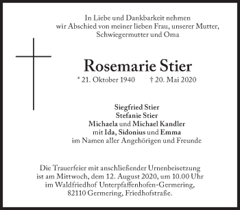Traueranzeige von Rosemarie Stier von Süddeutsche Zeitung