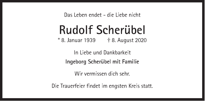  Traueranzeige für Rudolf Scherübel vom 14.08.2020 aus Süddeutsche Zeitung