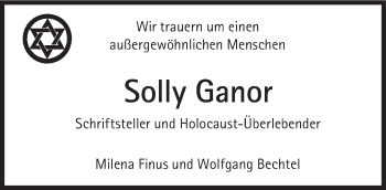 Traueranzeige von Solly Ganor von Süddeutsche Zeitung
