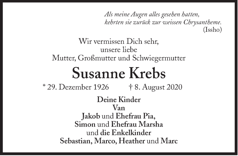  Traueranzeige für Susanne Krebs vom 17.08.2020 aus Süddeutsche Zeitung