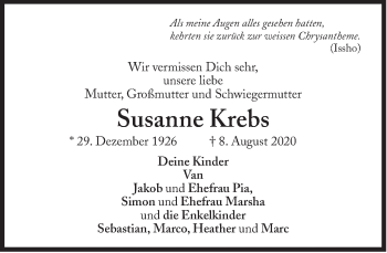 Traueranzeige von Susanne Krebs von Süddeutsche Zeitung